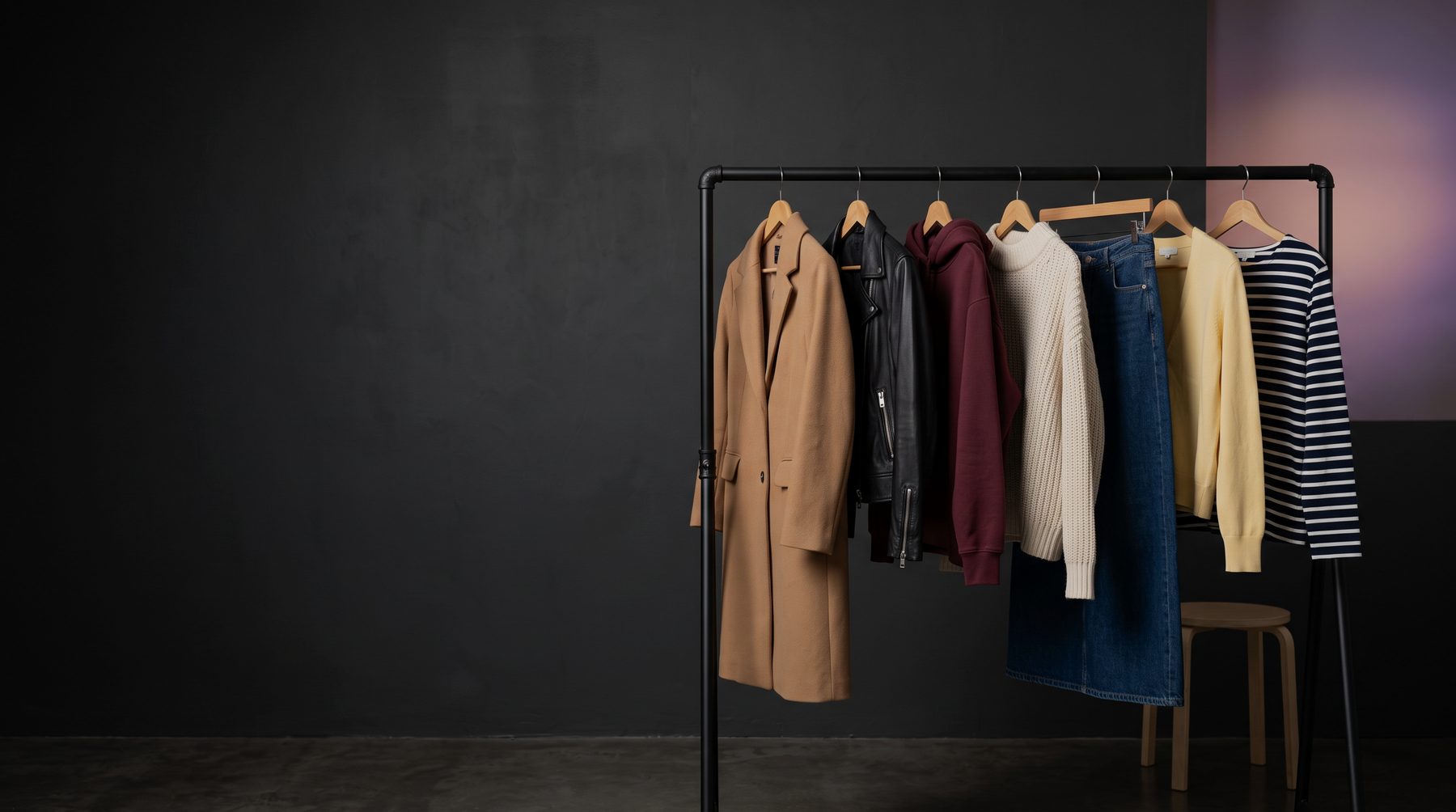 A clothing rail of muted garments lit by a single soft light in a dark room.
